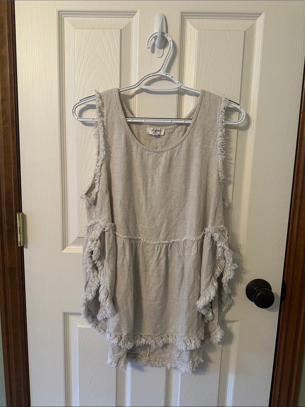 Umgee Light Taupe Fringed Sleeveless Linen-Blend Tank